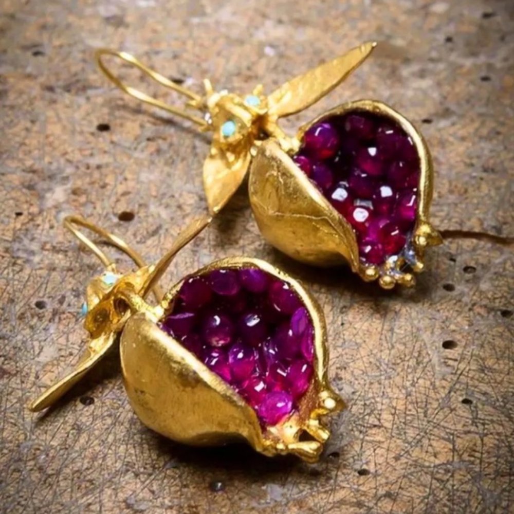 Jeweled Pomegranate Gold Dangle Unique Earrings
